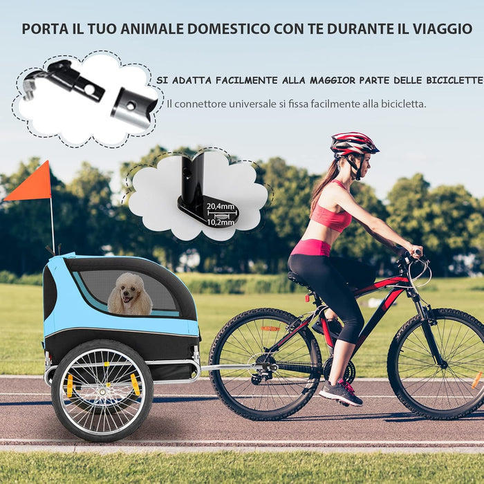 Rimorchio Bici per Animali, Carrello per Bicicletta per Cani di Piccola e Media Taglia con Ruote da 50cm e Tettuccio Apribile, Portata 40 kg, 60,5 x 135 x 95 cm (Azzurro)