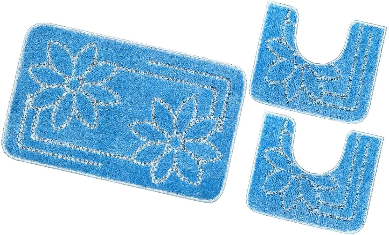 Tappeto Bagno Set 3 Pezzi Tinta Unita Antiscivolo Assorbente Girowater Fiori Made In Italy Azzurro