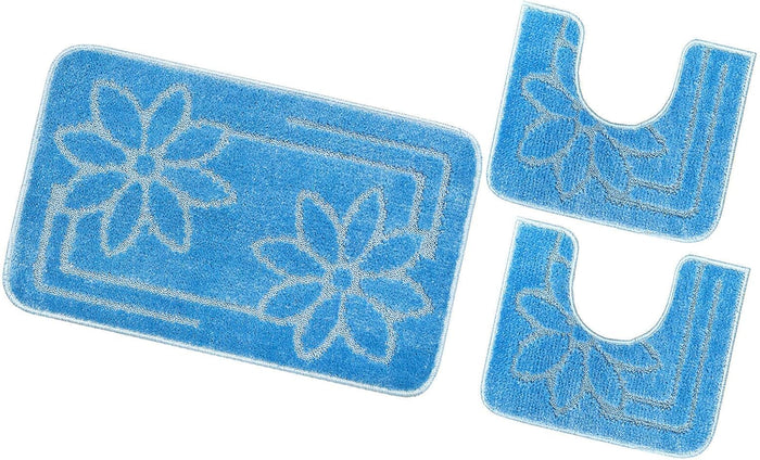 Tappeto Bagno Set 3 Pezzi Tinta Unita Antiscivolo Assorbente Girowater Fiori Made In Italy Azzurro