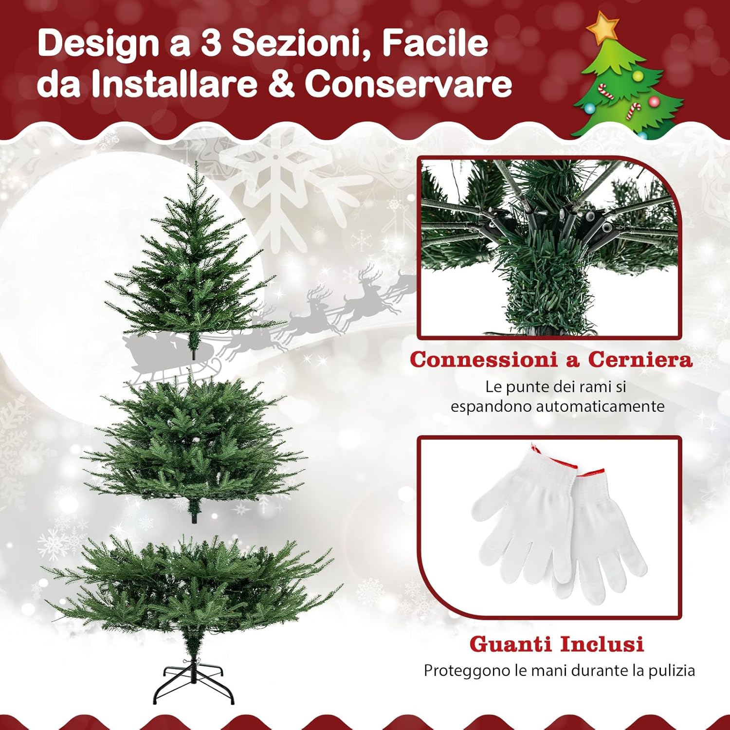 Albero di Natale 136/183/213 cm, Albero di Natale Artificiale Pre-Illuminato con 386/788/1130 Rami in PE e PVC, 180/280/380 Luci a LED Bianco Caldo e 8 Modalità di Illuminazione (183 cm)