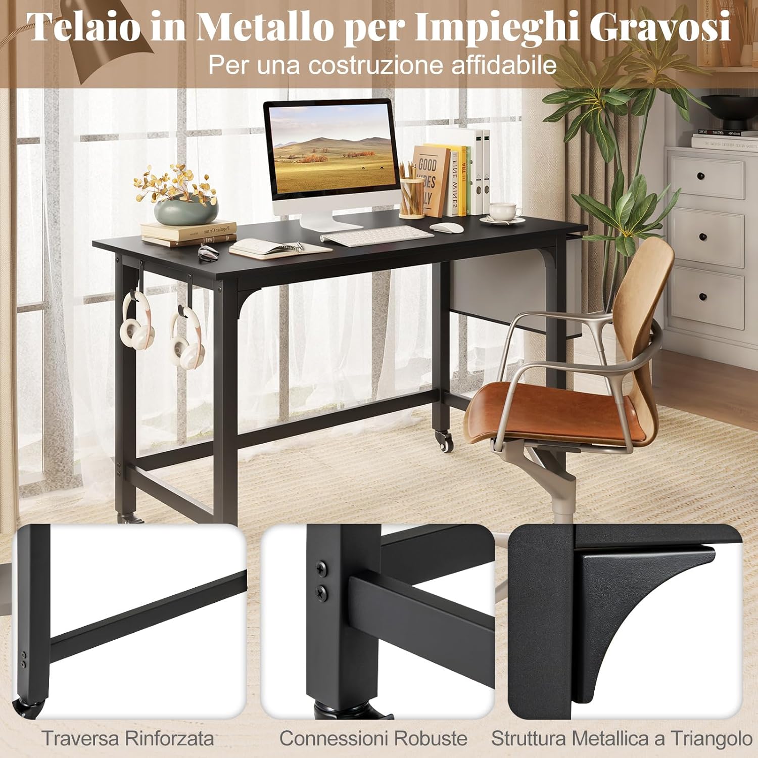 Scrivania per Ufficio e Casa, Scriviania con Ampio Piano, 4 Ruote Bloccabili, Borsa Rimovibile e Ganci per Cuffie, Scriviania per Computer di Metallo e Legno (Nero)