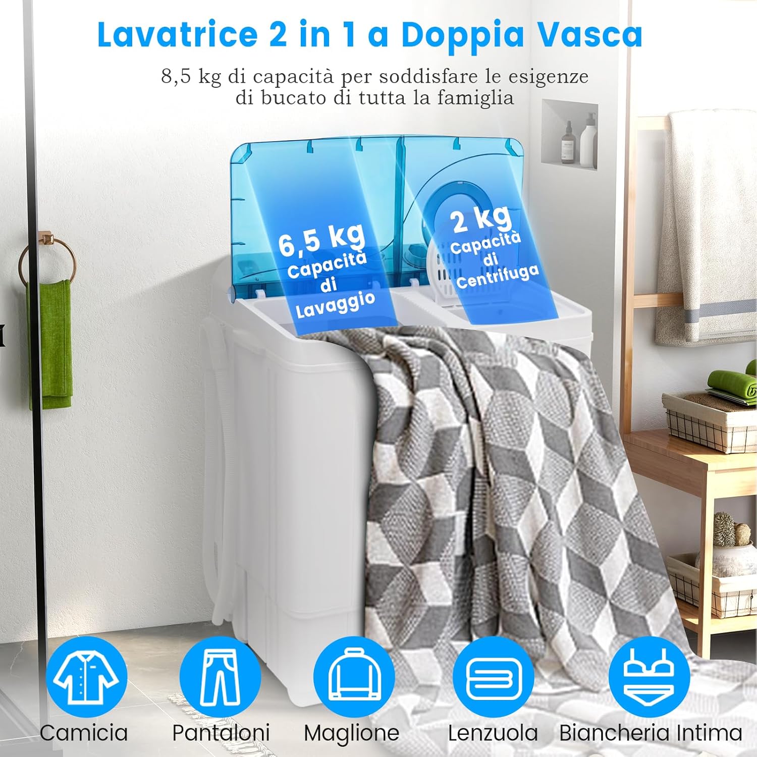 Lavatrice Portatile, Lavatrice a Doppio Cestello con Lavaggio (6,5 kg) e Centrifuga (2 kg), Ideale per Appartamento Campeggio, 69,5x41x81,5 cm (Blu) [Classe di efficienza energetica E]