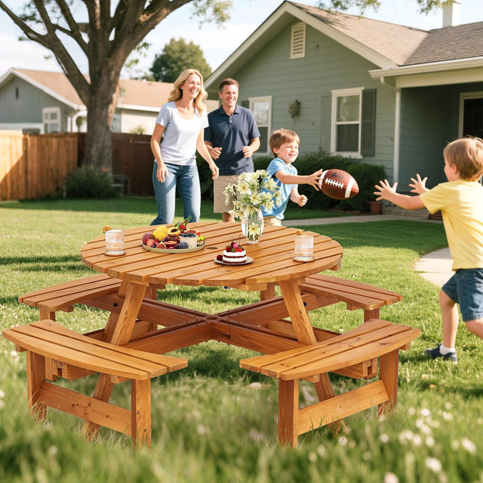 Set Tavolo con 4 Panche da Picnic, Tavolo da Pranzo Rotondo per 8 Persone, con Foro per Ombrello da 5 cm, Set di Mobili da Picnic da Esterno, per Giardino Patio (Giallo)