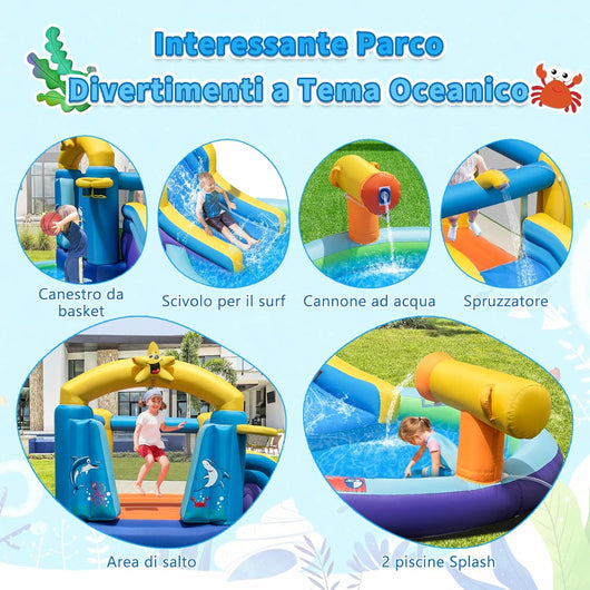 Castello Gonfiabile Oceananico con Soffiatore 680W, Parco Acquatico per Bambini con 2 Piscine e 50 Palline, Scivolo, Trampolino, Canestro da Basket, Cannone ad Acqua, 490x290x220 cm