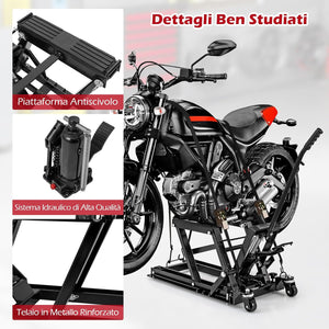 Ponte Sollevatore Idraulico per Moto, Sollevatore Motociclette Fino a 680 kg, Cric Alzamoto con Ruote e Piattaforma Regolabile in Altezza a Pedale Resistente per ATV, UTV per Officina (Nero)