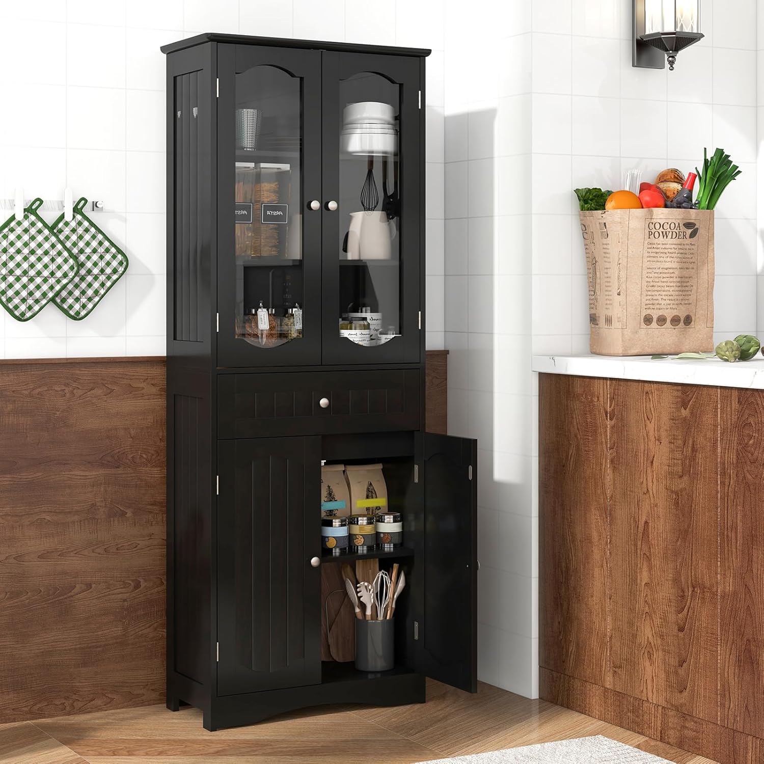 Armadietto Salvaspazio 60 x 30 x 160cm, Mobile Bagno con 2 Ripiani Regolabili, Cassetto e 2 Porte in Vetro Temprato, Armadio da Bagno per Ufficio, Soggiorno e Camera da Letto, Bianco (Nero)