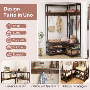 Stand Appendiabiti Angolare, Appendiabiti a Forma L con Ripiani Aperti 7 Ganci e Panca per Scarpe, Struttura in Metallo e Piedini Regolabili, 90x90x178 cm (Marrone)