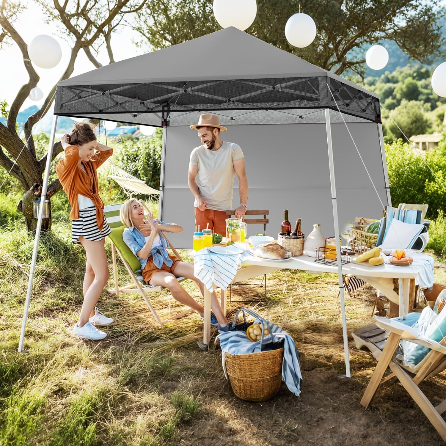 Gazebo Pop-up da Esterno 182 x 182 cm, Gazebo Pieghevole con 1 Parete Laterale, Gambe Inclinabili Regolabili e 4 Picchetti, Tendone Impermeabile per Feste, Campeggio e Picnic (Grigio)