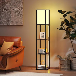 Lampada da Terra Moderna con Scaffali, Lampada a Mensola in Legno con 3 Strisce LED, Paralume, Luminosità Regolabile e Interruttore a Pedale, Scaffale Autoportante con Luce