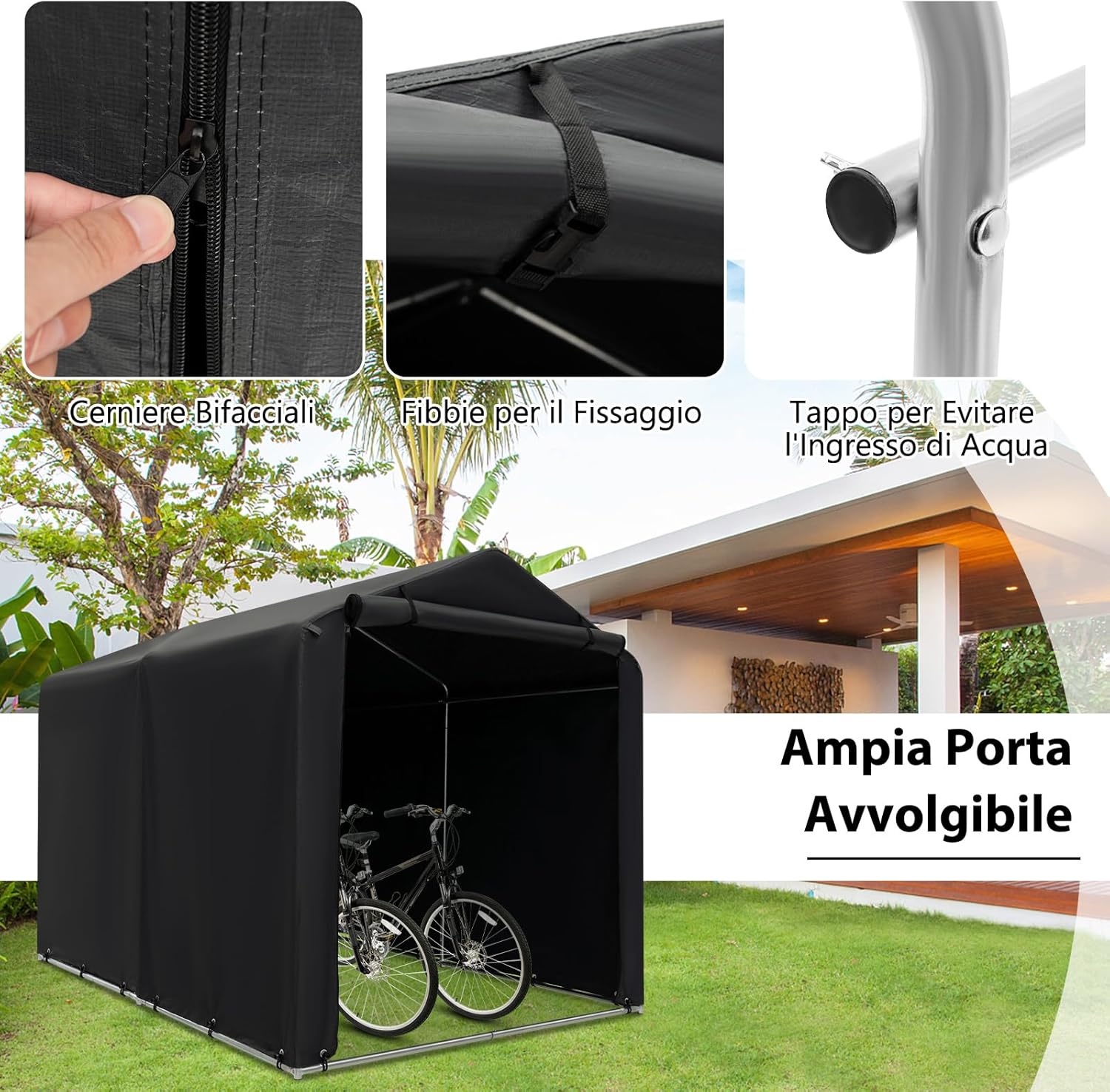 Capanno di Stoccaggio per Esterni, Garage Portatile per Biciclette, Motociclette, Attrezzi da Giardino, Carport per Bici con Porta a Rullo e Cerniera, 160 x 218 x 164 cm (Grigio Scuro)
