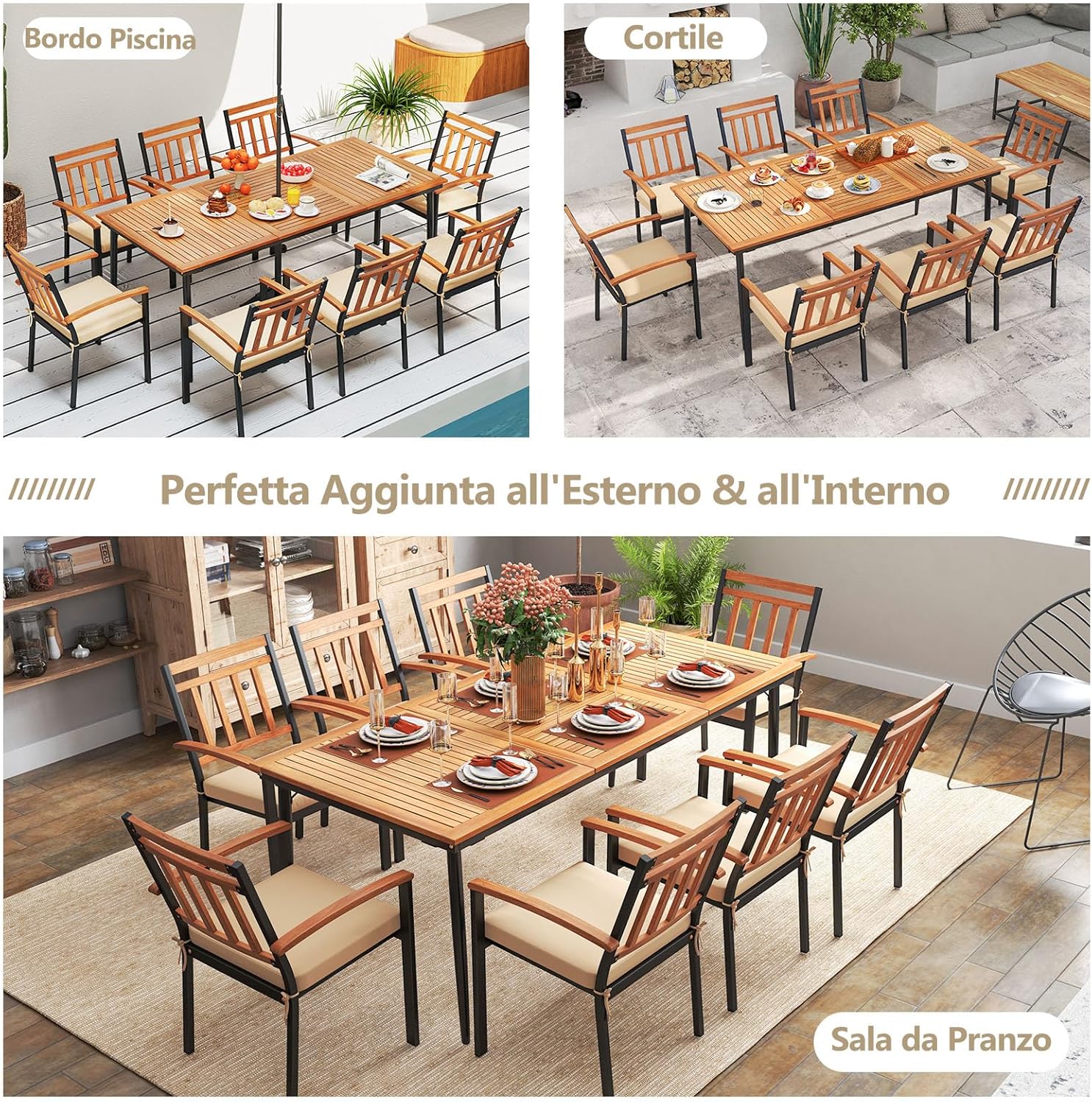 Tavolo da Pranzo a 8 Posti, Tavolo da Giardino 200 cm in Legno di Acacia, con Foro per Ombrellone da 5 cm, Gambe in Metallo, per Giardino, Cortile, Portata 75 kg (Modello 5)