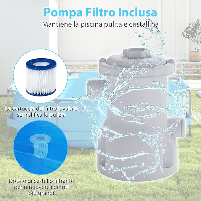 Piscina Fuori Terra 360 x 360 x 76 cm, Piscina Rotonda da Esterno con Struttura Metallica e Pompa Filtro, Capacità 6125 L, da Giardino per Adulti (3,6 m x 76 cm)