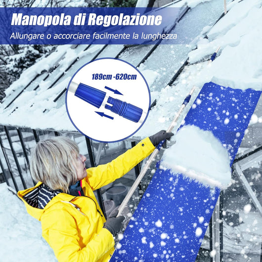 Rastrello per Neve sul Tetto da 189-620 cm, Rastrello in Alluminio con Impugnatura Regolabile e Antiscivolo, Attrezzo per Neve Resistente per Rimuovere Neve, per Vari Occasioni