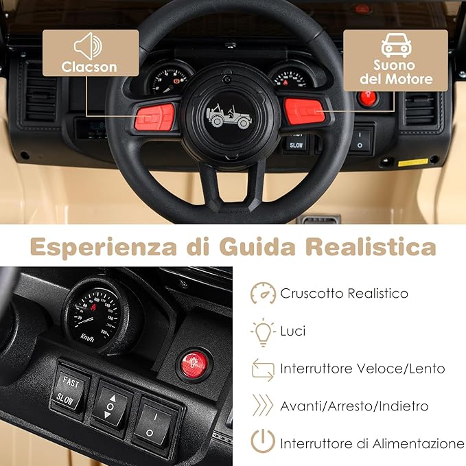 12V Auto per Bambini con Telecomando, Macchina Elettrica con 2 Posti Musica Porta USB e Luce, Velocità Regolabile 2,6-6km/h, per 3-8 Anni (Cachi)