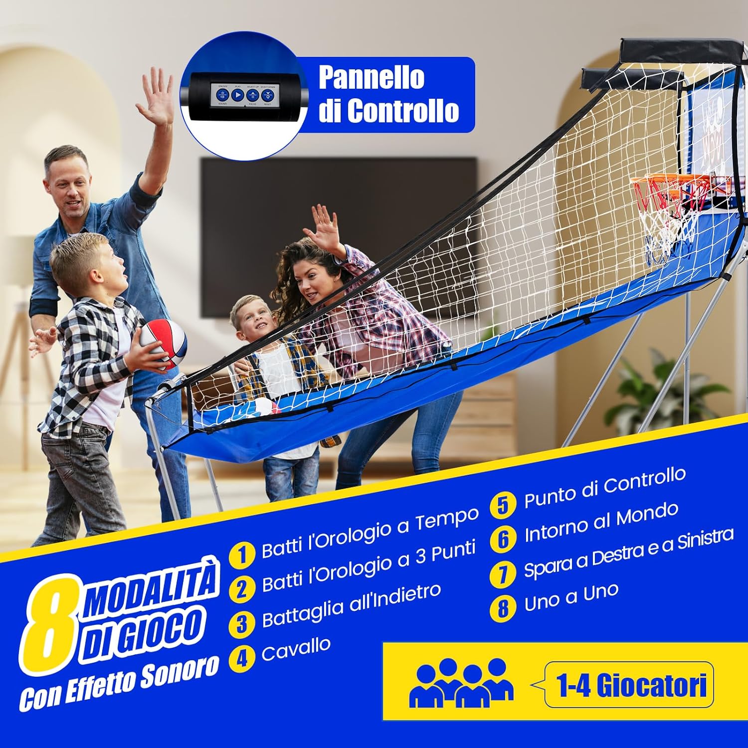 Macchina da Pallacanestro Elettronica Pieghevole, Gioco Arcade da Basket a Doppio Tiro per Casa con 8 Modalità di Gioco, Suono Arcade, Punteggio Elettronico, 4 Palloni e Pompa (Blu e bianco)