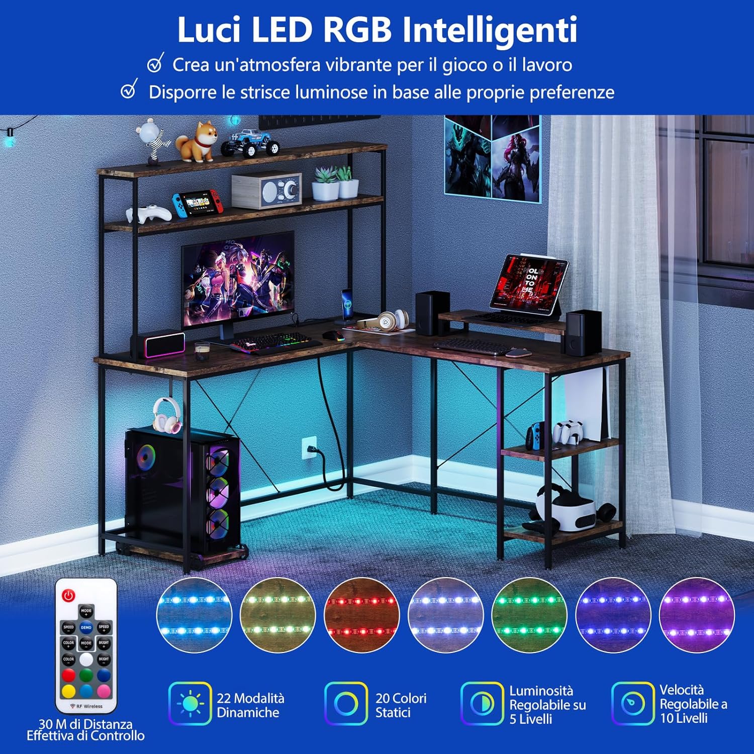 Scrivania per Computer a Forma di L, Tavolo da Gioco con Scaffale Regolabile, Gancio, Supporto per CPU, Striscia LED, Telecomando e Prese di Corrente, Desk per Studiare e Lavorare (Marrone)