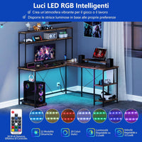 Scrivania per Computer a Forma di L, Tavolo da Gioco con Scaffale Regolabile, Gancio, Supporto per CPU, Striscia LED, Telecomando e Prese di Corrente, Desk per Studiare e Lavorare (Marrone)