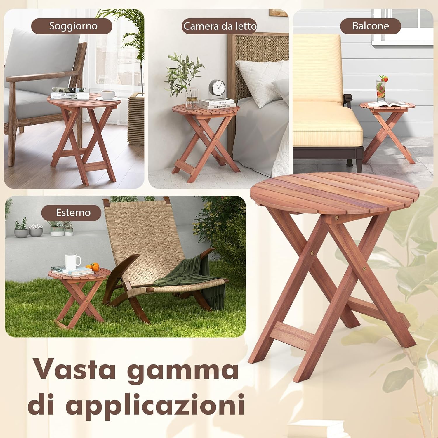 Tavolino Laterale da Giardino in Legno, Tavolino Pieghevole con Piano Traforato e Maniglia Sollevabile, Tavolino da Caffè per Interni ed Esterni con Manico per Casa, Piscina, Patio(Modello 1)