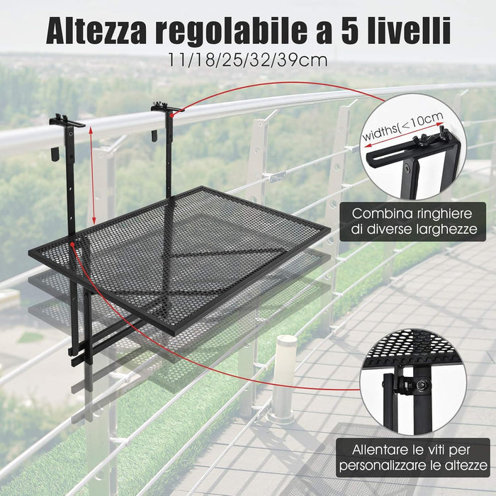 Tavolino Pieghevole da Balcone, Regolabile in Altezza, Tavolo da Appendere a Sospensione di Ferro, Nero, 60,5 x 40,5 x 61,5-82,5 cm