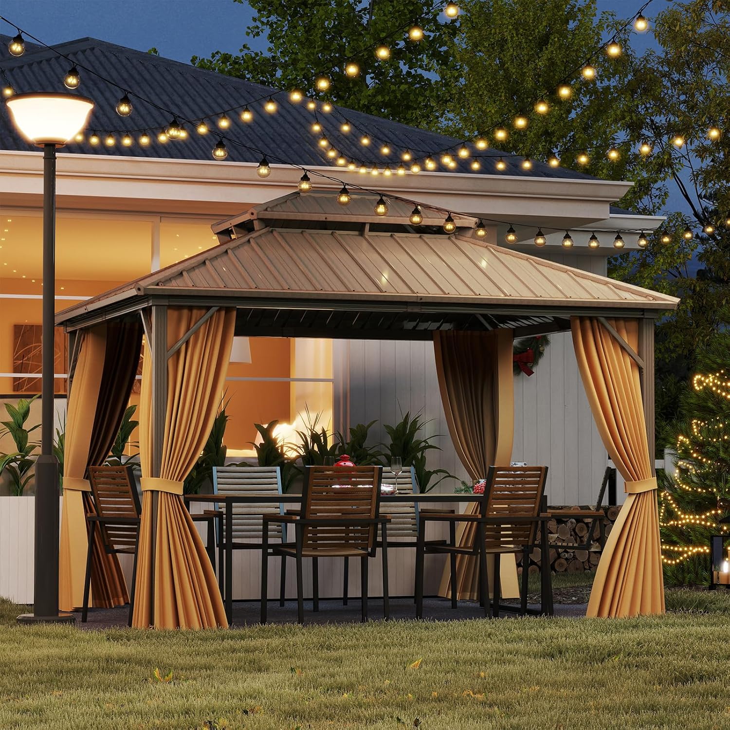 Gazebo da Giardino 3,5 x 3 m Hardtop Doppio Tetto, Gazebo in Metallo Zincato e Alluminio Effetto Legno con Zanzariera e 4 Teli Laterali, Gazebo Hardtop per Terrazza e Giardino, Marrone