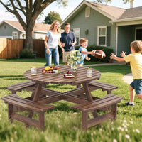 Set Tavolo con 4 Panche da Picnic, Tavolo da Pranzo Rotondo per 8 Persone, con Foro per Ombrello da 5 cm, Set di Mobili da Picnic da Esterno, per Giardino Patio (Marrone)