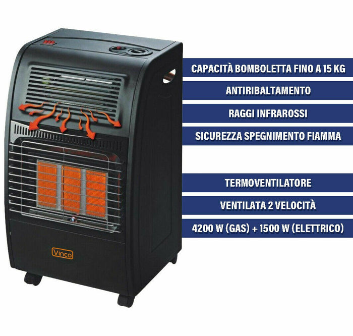 Vinco - Stufa a gas GPL ventilata 3 mattoni - VIN 71402K