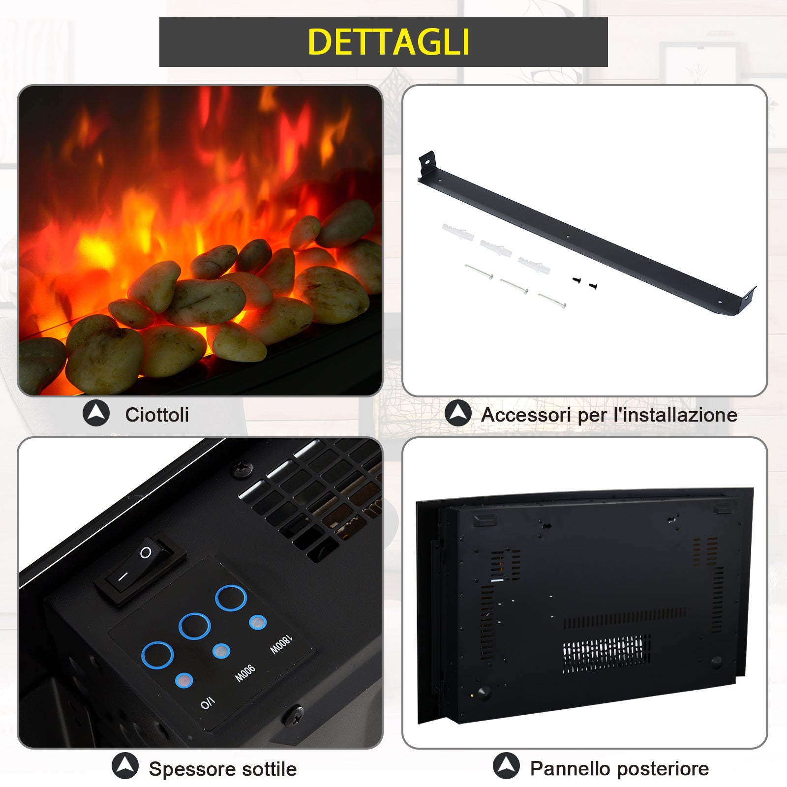 Easycomfort Caminetto Elettrico da Parete con Effetto Fiamma Colorato con Telecomando, in Acciaio Inox e Vetro 65x11.4x52 cm, Nero