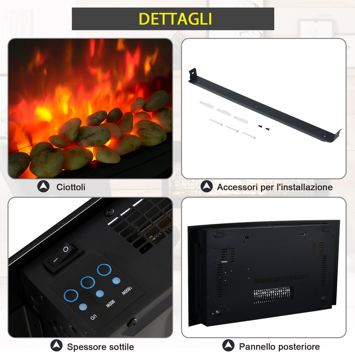 Easycomfort Caminetto Elettrico da Parete con Effetto Fiamma Colorato con Telecomando, in Acciaio Inox e Vetro 65x11.4x52 cm, Nero