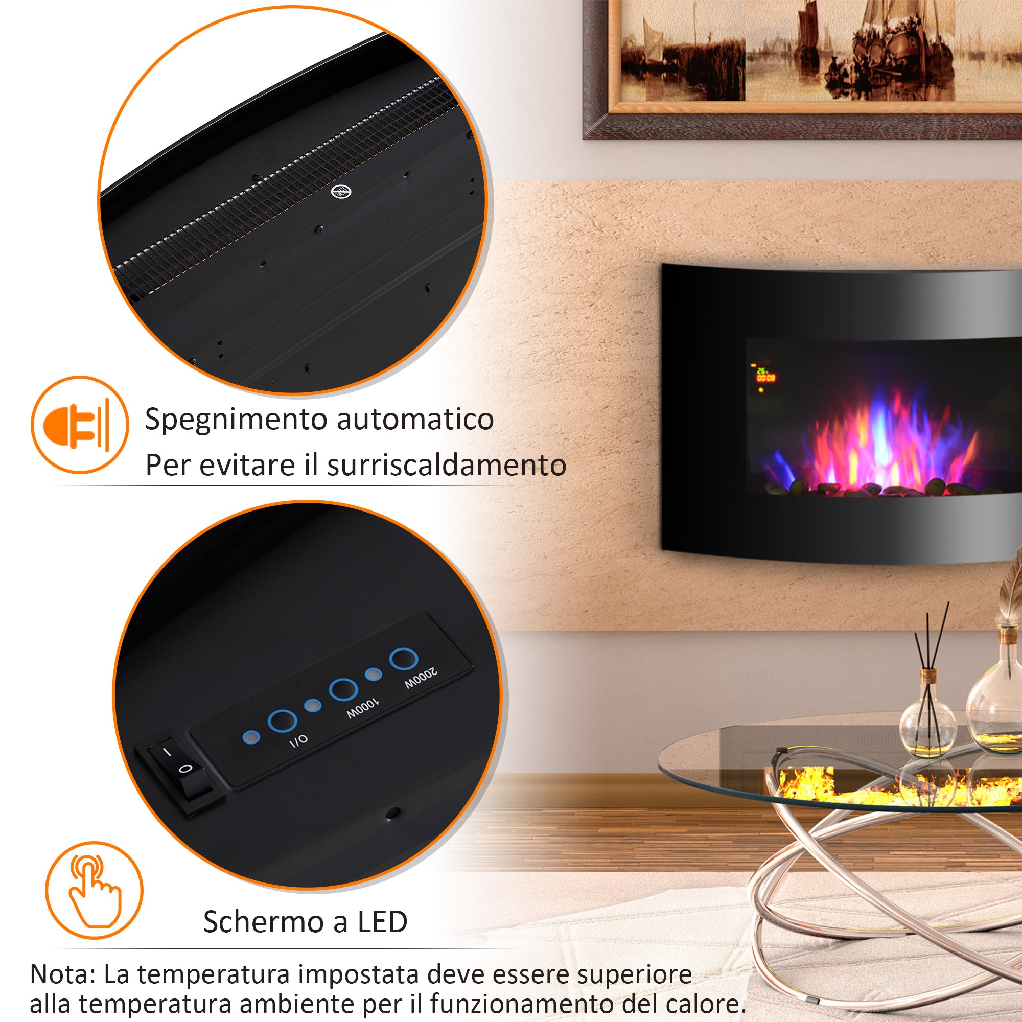 Easycomfort Caminetto Elettrico da Parete con Effetto Fiamma Colorato con Telecomando, in Acciaio Inox e Vetro 65x11.4x52 cm, Nero