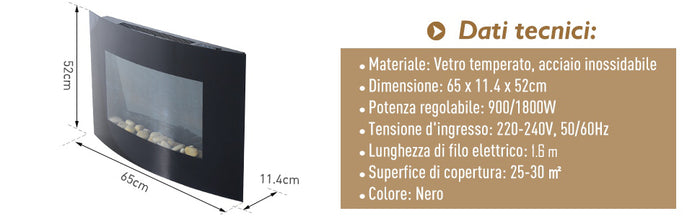 Easycomfort Caminetto Elettrico da Parete con Effetto Fiamma Colorato con Telecomando, in Acciaio Inox e Vetro 65x11.4x52 cm, Nero