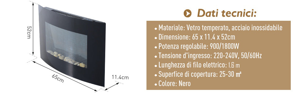 Easycomfort Caminetto Elettrico da Parete con Effetto Fiamma Colorato con Telecomando, in Acciaio Inox e Vetro 65x11.4x52 cm, Nero