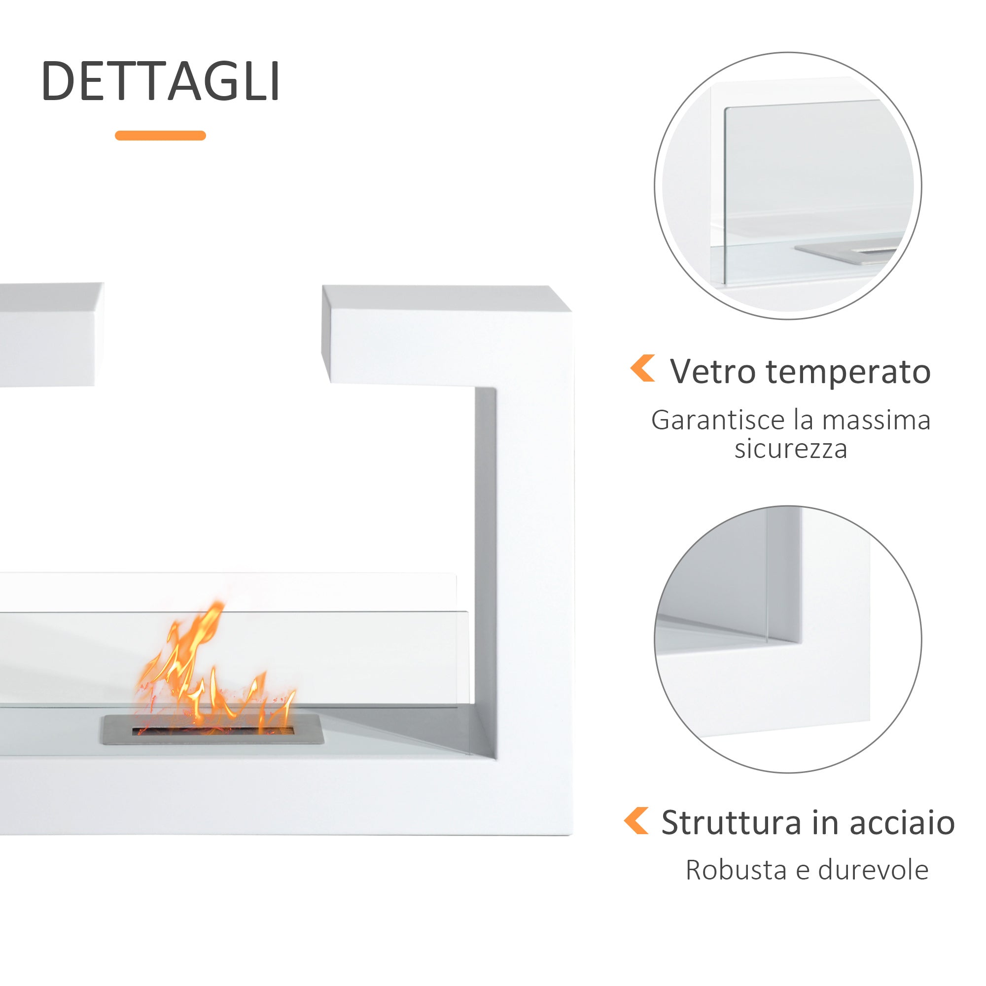 Easycomfort Caminetto a Bioetanolo da Tavolo 2000W in Acciaio Inossidabile Inodore con Vetro 78 x 25 x 58 cm Bianco