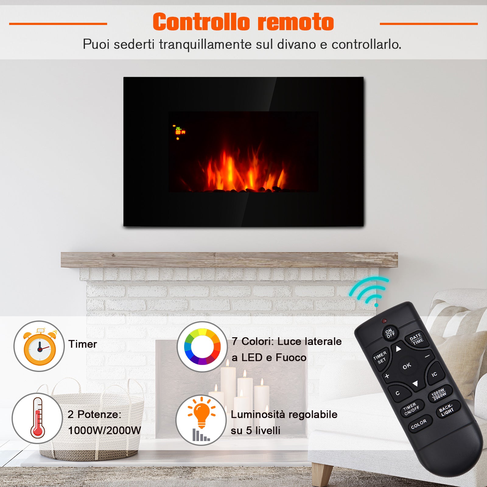 EasyComfort Camino Elettrico da Parete Potenza 1000W/2000W Effetto Fiamma 7 Colori con Telecomando 90 × 9.5 × 56cm