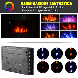 EasyComfort Camino Elettrico da Parete Potenza 1000W/2000W Effetto Fiamma 7 Colori con Telecomando 90 × 9.5 × 56cm