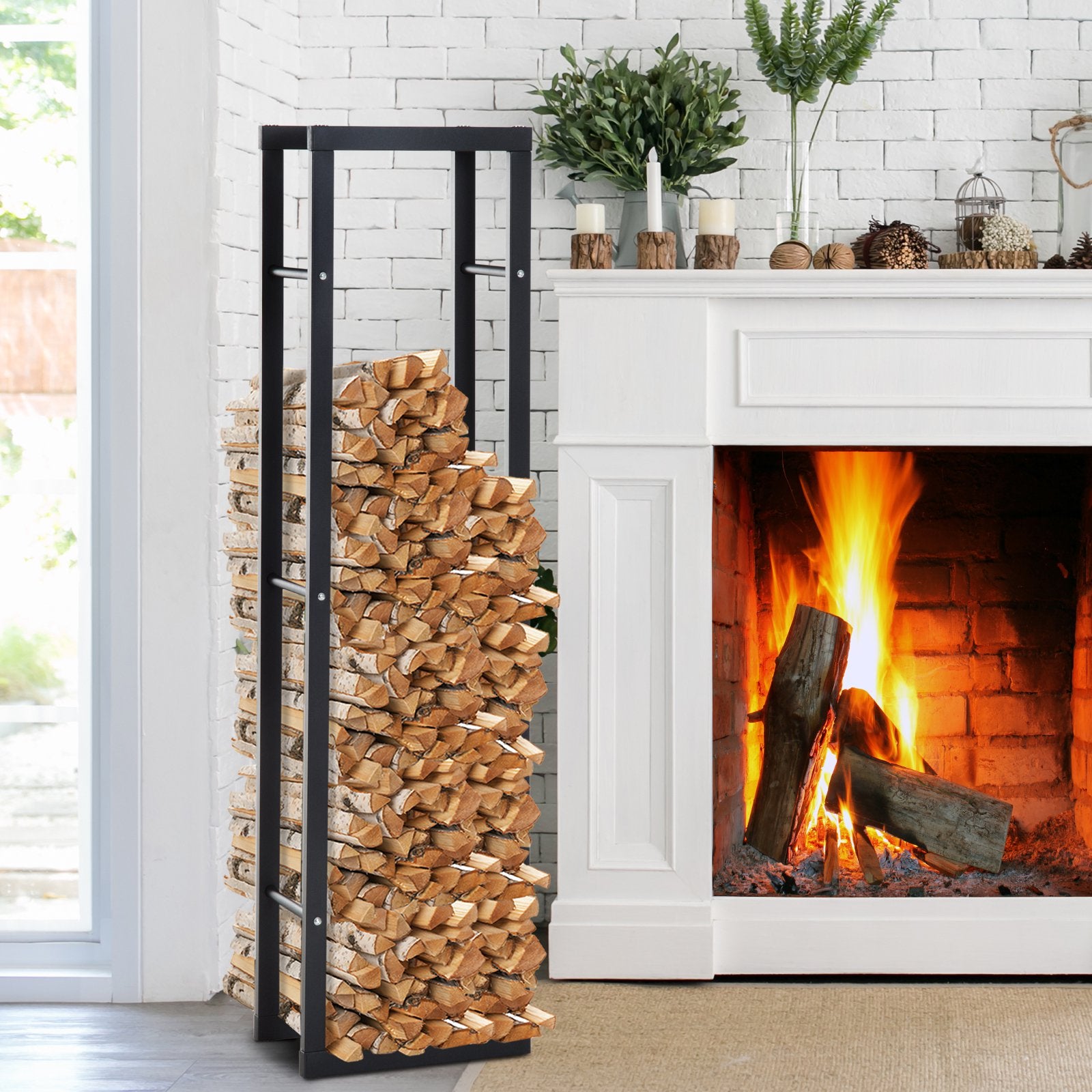 Easycomfort Porta Legna Verticale in Metallo Nero da Interni ed Esterni con Portata 100 kg max, 40x25x150 cm