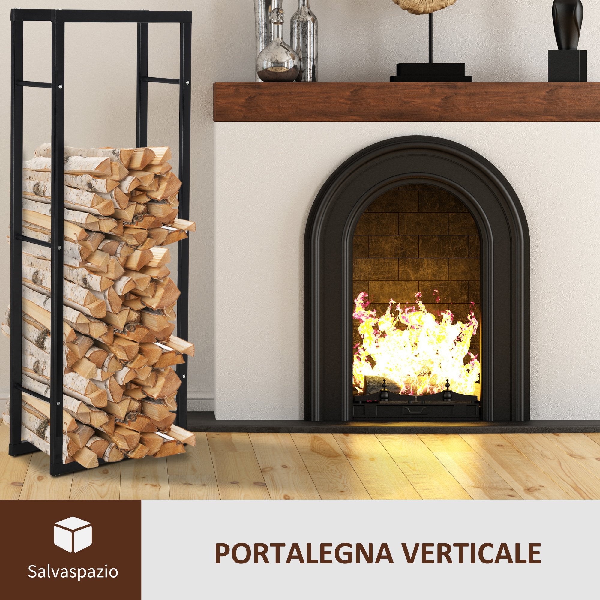 Easycomfort Porta Legna Verticale in Metallo Nero da Interni ed Esterni con Portata 100 kg max, 40x25x150 cm