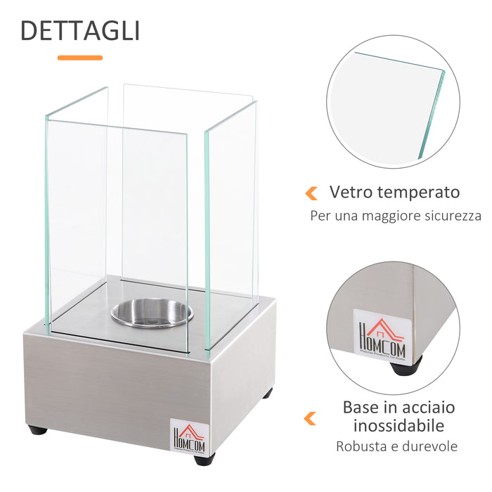 Easycomfort Camino a Bioetanolo da Tavolo con Bruciatore da 0.4L, Biocamino in Acciaio e Vetro per Interni ed Esterni, 20x20x33cm, Argento
