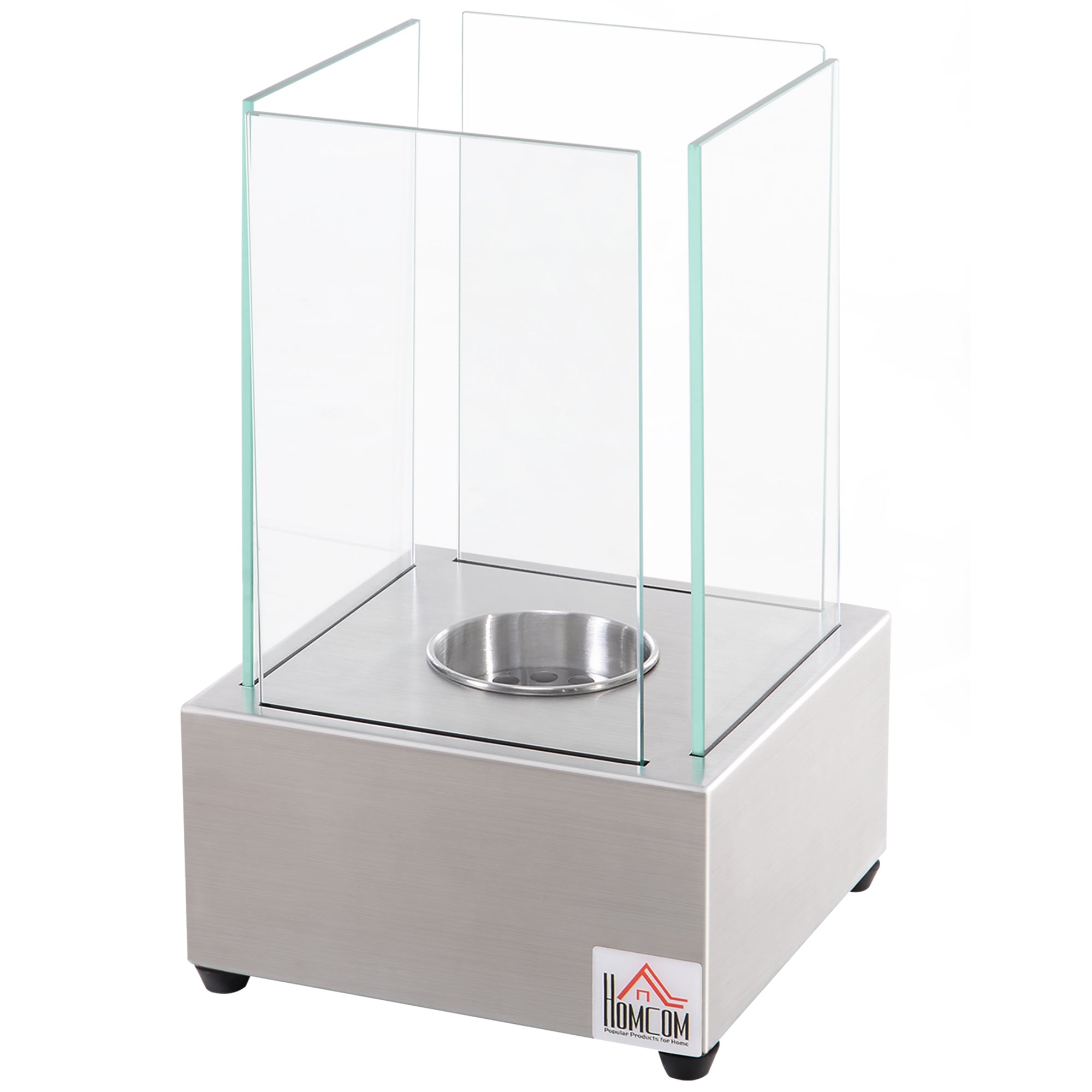 Easycomfort Camino a Bioetanolo da Tavolo con Bruciatore da 0.4L, Biocamino in Acciaio e Vetro per Interni ed Esterni, 20x20x33cm, Argento