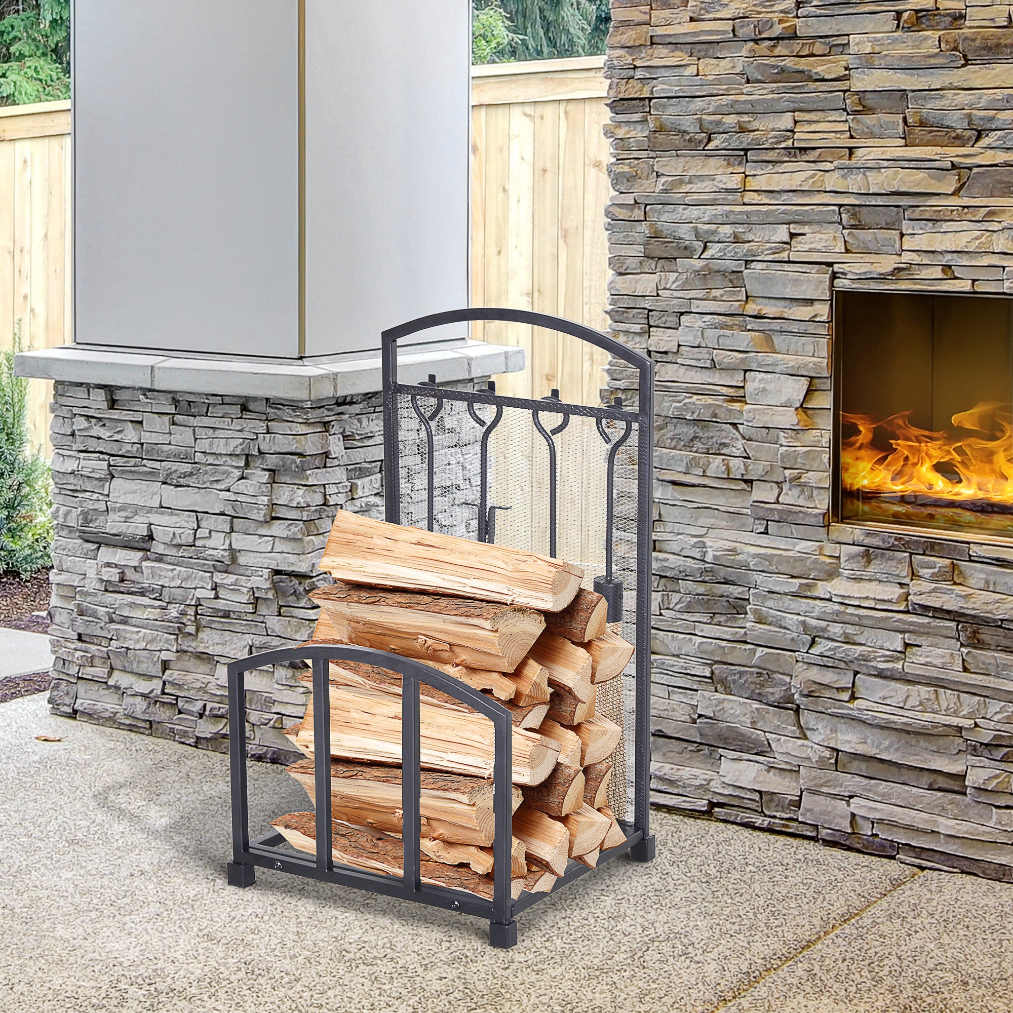 Easycomfort Portalegna da Interno ed Esterno in Metallo con Ganci e 4 Attrezzi Inclusi, 39x39x68cm, Nero