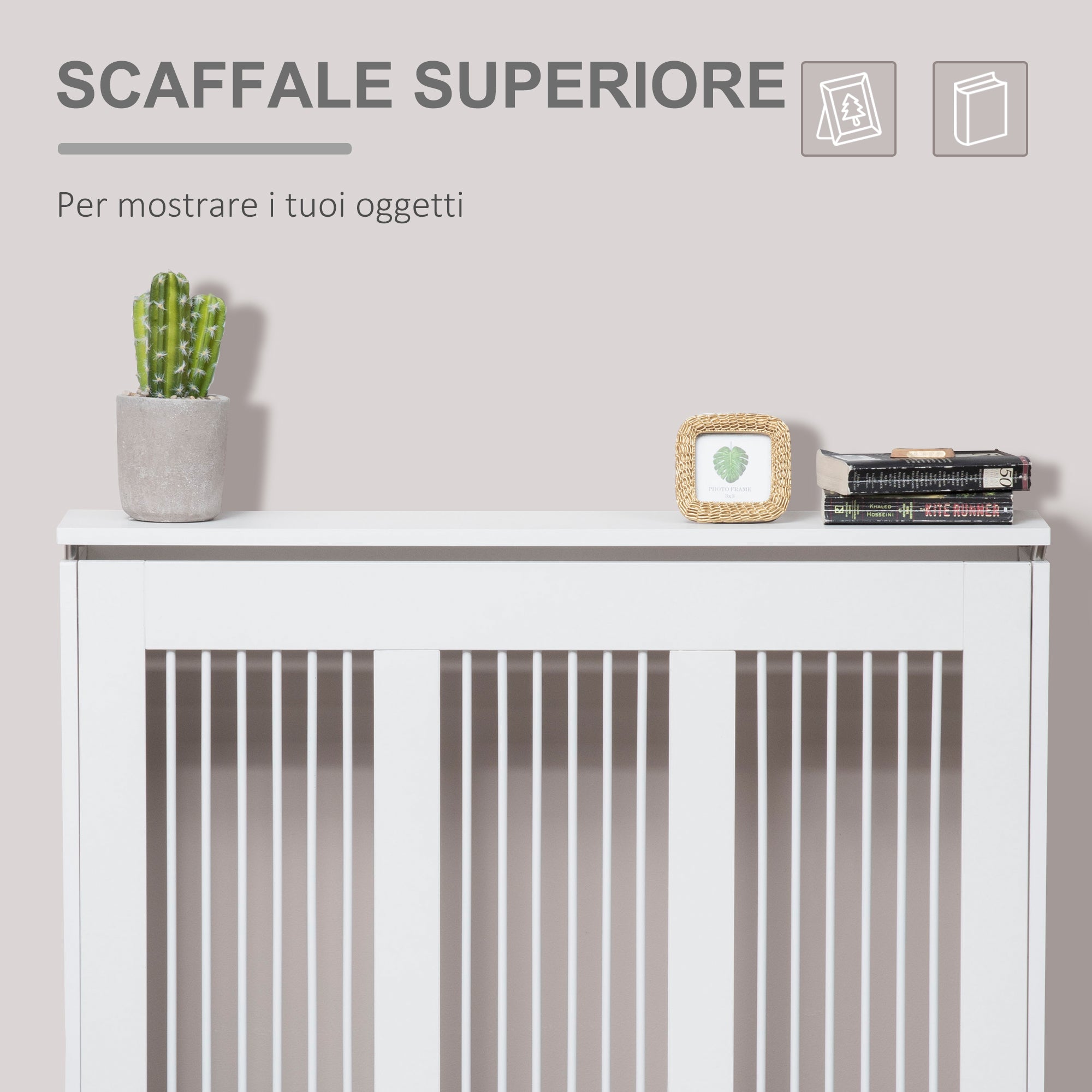 Easycomfort Copritermosifone a Doghe Moderno ed Elegante per la Casa, in MDF e Acciaio, 90x18x84cm, Bianco