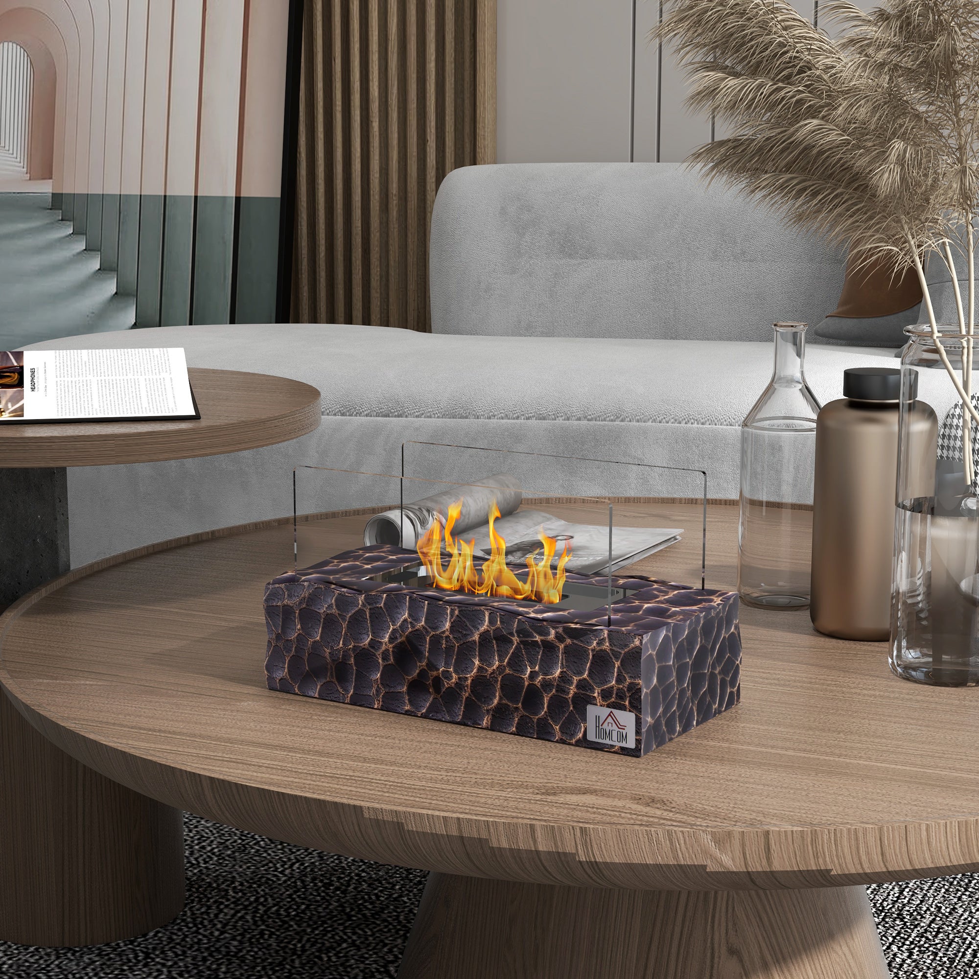 Easycomfort Camino a Bioetanolo da Tavolo con Bruciatore da 1.15L e Pannello in Vetro, 33x16x18cm, Nero