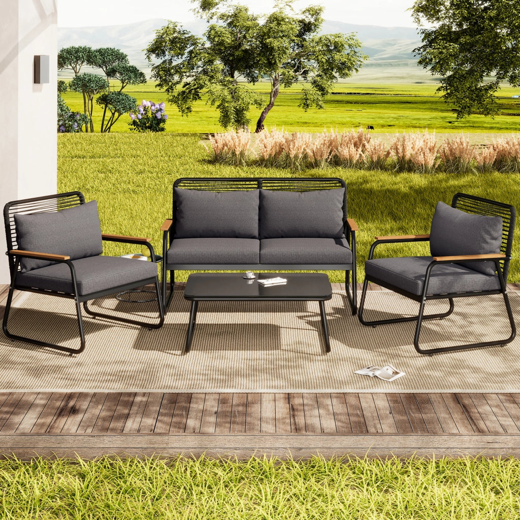 Set da giardino modulare a 5 posti con 2 tavolini impilabili; struttura in ferro zincato; grigio