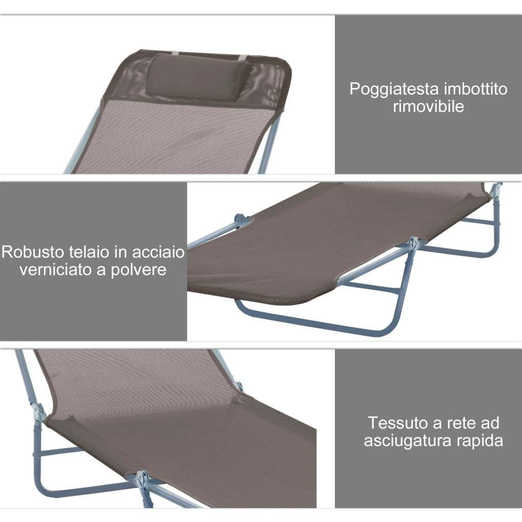Lettino Prendisole Pieghevole con Schienale Reclinabile e Cuscino, 182x56x24.5 cm, Marrone e Argento