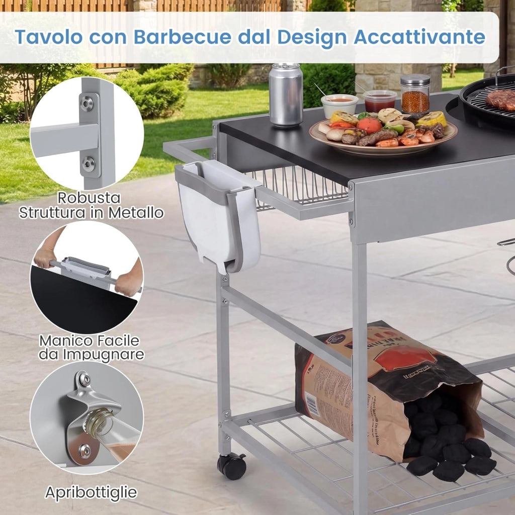 Carrello per Barbecue da Esterno, Tavolo Mobile per Barbecue con Ripiano a Rete, Porta Spezie, Portarotolo e Supporto per Sacchetti, Carrello da Cucina in Acciaio Inox, 141 x 62 x 80 cm