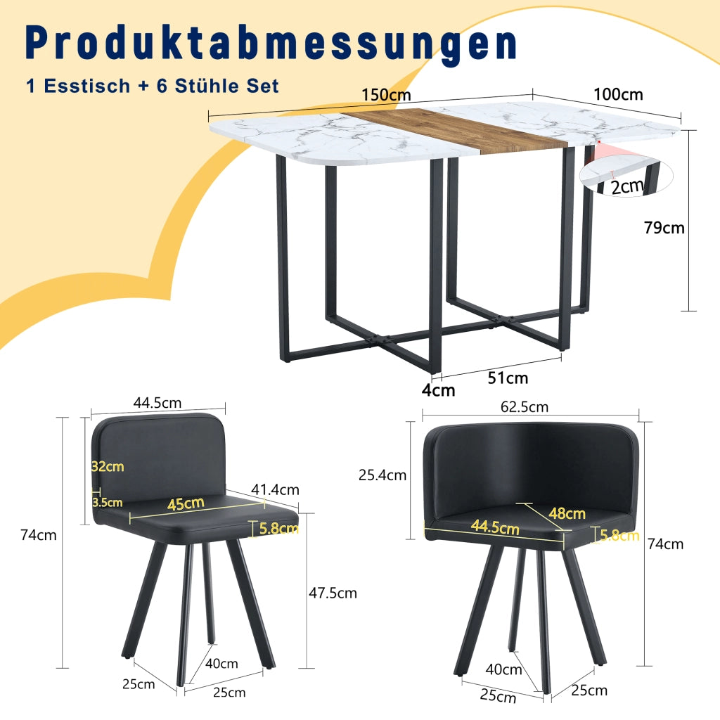 Set tavolo da pranzo allungabile con 4 sedie, struttura in MDF e metallo, bianco, nero e legno naturale per cucina e sala da pranzo