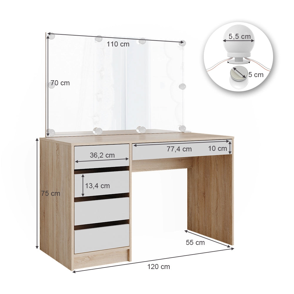 Vicco Tavolo da toeletta Bianco/Sonoma 55 cm con illuminazione a LED