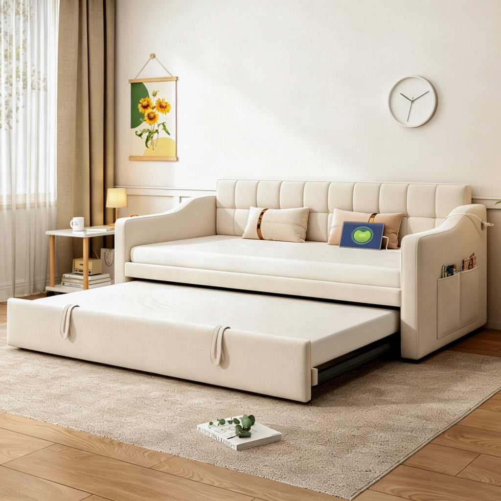 Letto divano estensibile 2 in 1 90x190/180x190 cm imbottito con USB e presa elettrica; velluto beige