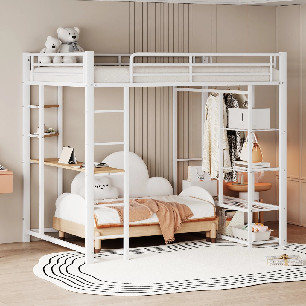 Letto a soppalco in metallo bianco 140x200 cm con scrivania; armadio e ripiani