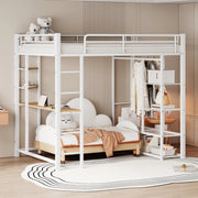 Letto a soppalco in metallo bianco 140x200 cm con scrivania; armadio e ripiani