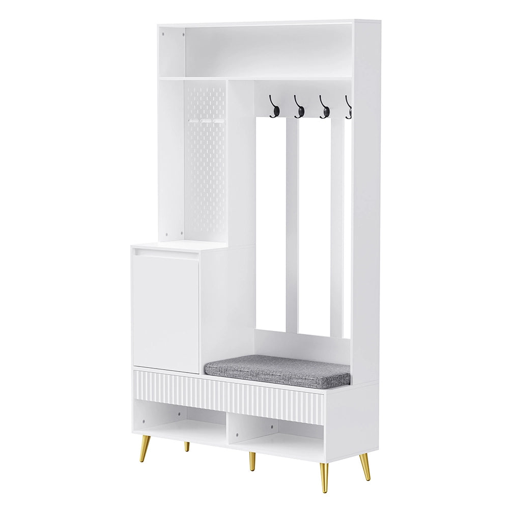 Armadio per ingresso con porta e panchina - Xylo - 100x35x180 cm - Bianco - 4 ganci e 2 cassetti